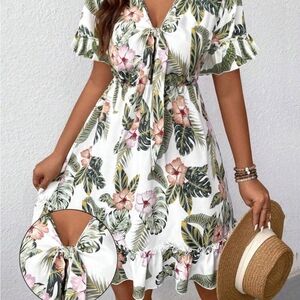 SHEIN Floral Tropical Dress - Green, Pink, Orange